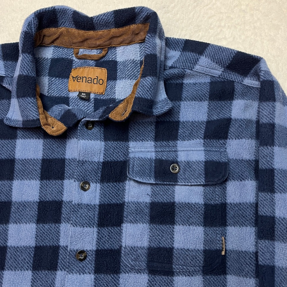 Venado Fleece Shirt Mens 3XL Blue Buffalo Plaid Button Down Corduroy Trim